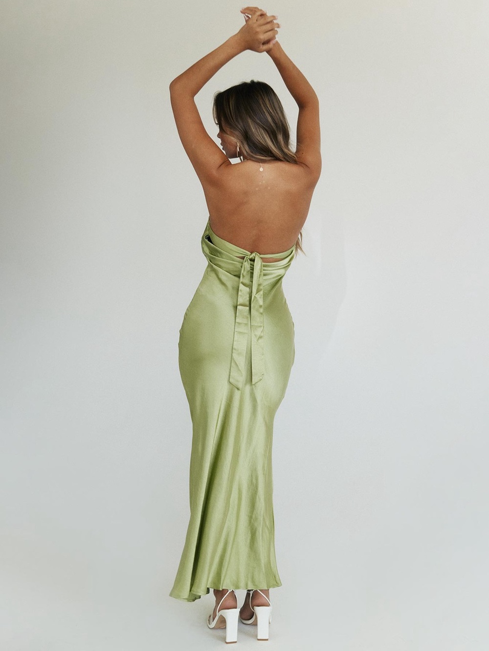 Princess Polly Haley Sage Green Satin Strapless Tie Back Maxi Dress Spring Vacay - Picture 2 of 8